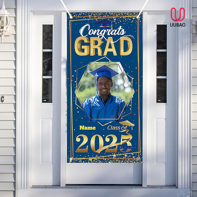UUBAO Custom Graduation Party Decorations Personalization Banner Class of 2025 Backdrop Door Cover (Blue and Gold)