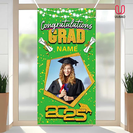 UUBAO Custom Graduation Party Decorations Personalization Banner Class of 2025 Backdrop Door Cover (Light Green and Gold)