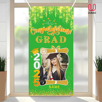 UUBAO Custom Graduation Party Decorations Personalization Banner Class of 2025 Backdrop Door Cover (Light Green and Gold)