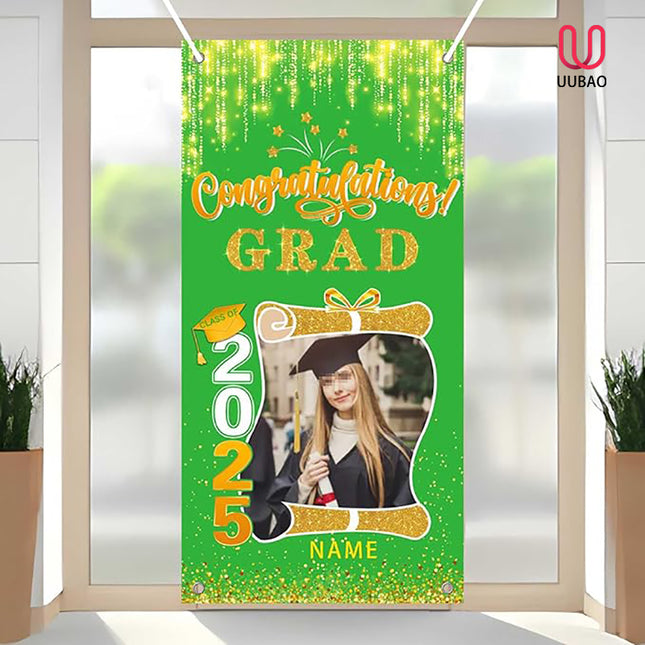 UUBAO Custom Graduation Party Decorations Personalization Banner Class of 2025 Backdrop Door Cover (Light Green and Gold)