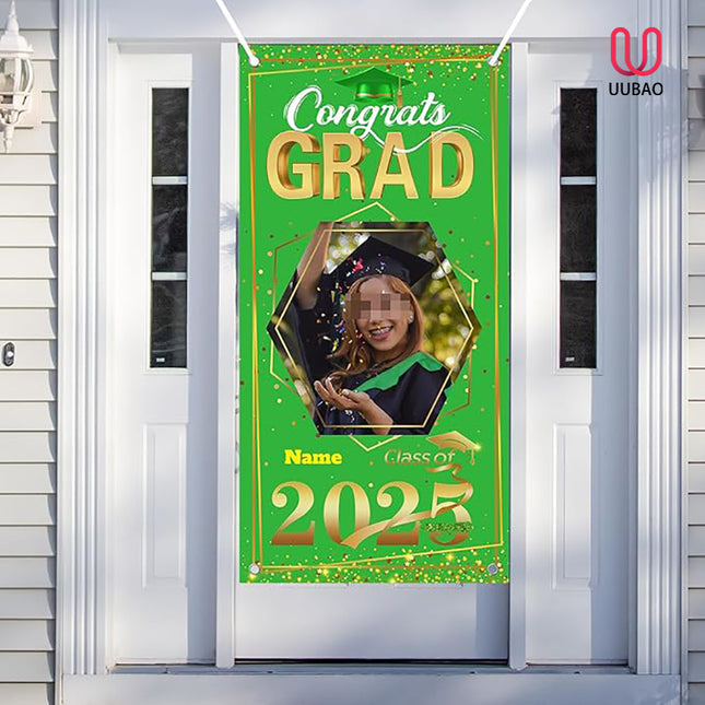 UUBAO Custom Graduation Party Decorations Personalization Banner Class of 2025 Backdrop Door Cover (Light Green and Gold)