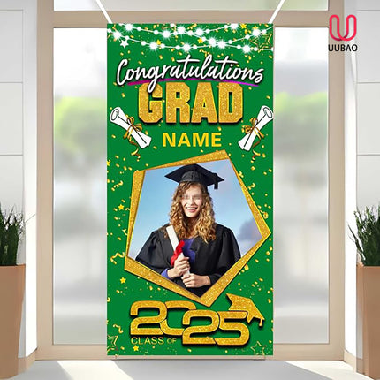 UUBAO Custom Graduation Party Decorations Personalization Banner Class of 2025 Backdrop Door Cover (Dark Green and Gold)