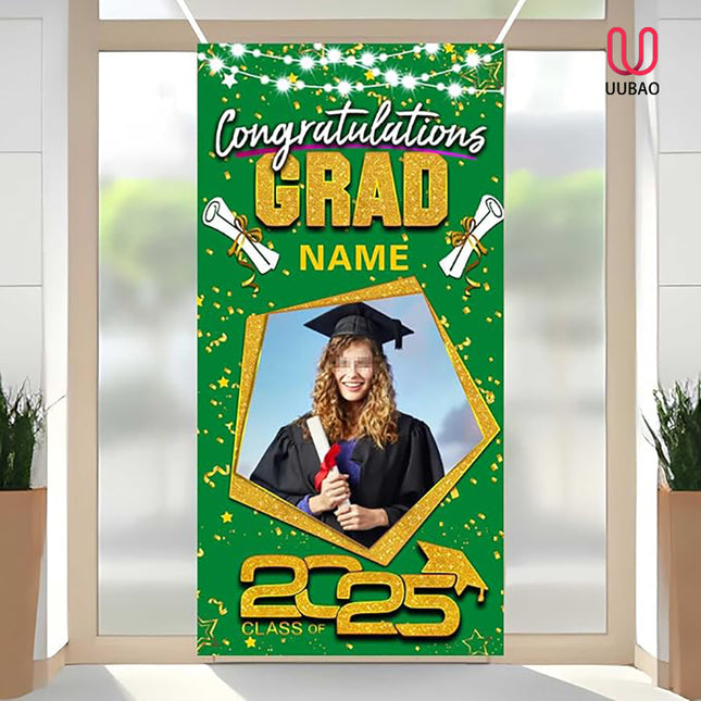 UUBAO Custom Graduation Party Decorations Personalization Banner Class of 2025 Backdrop Door Cover (Dark Green and Gold)