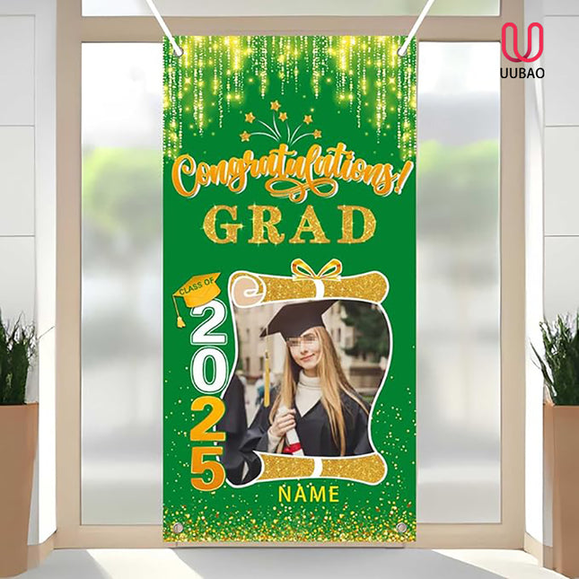 UUBAO Custom Graduation Party Decorations Personalization Banner Class of 2025 Backdrop Door Cover (Dark Green and Gold)