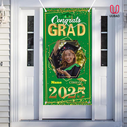 UUBAO Custom Graduation Party Decorations Personalization Banner Class of 2025 Backdrop Door Cover (Dark Green and Gold)