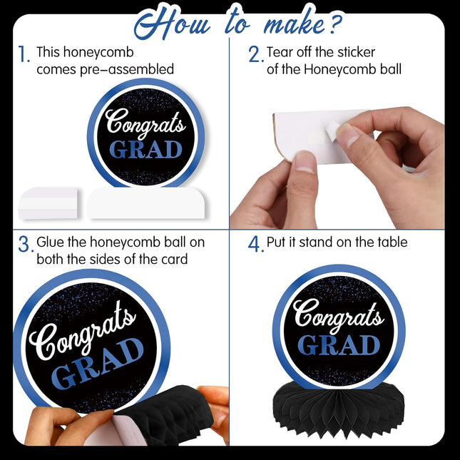 UUBAO 9 PCS Custom Graduation Party Honeycomb Centerpieces Class of 2025 Congrats Grad Decorations Congratulate Graduation Table Toppers for Graduation Party Favor Supplies (Navy Blue)