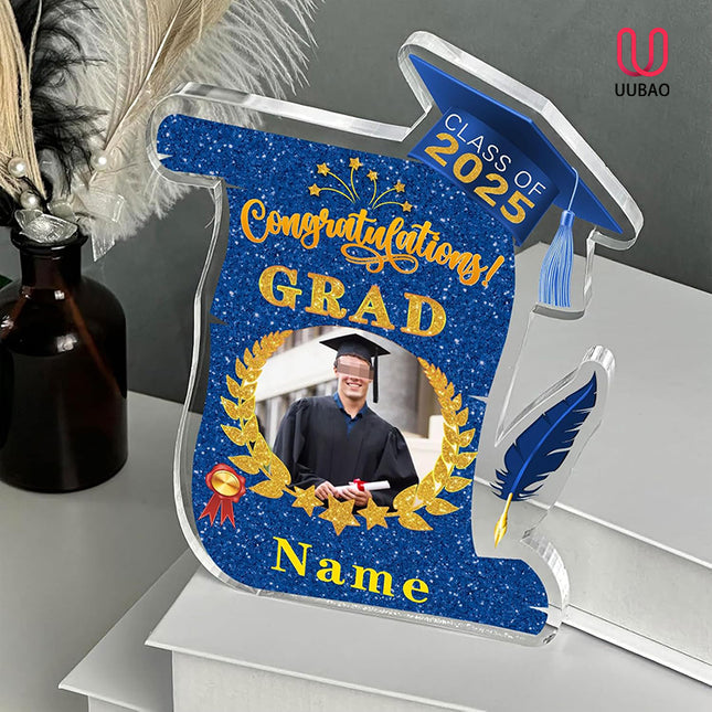 UUBAO Personalized Graduation Gift Class of 2025 Desk Paperweight Farewell Memorial Decorative Signs Plaques with Photo (Blue and Gold)