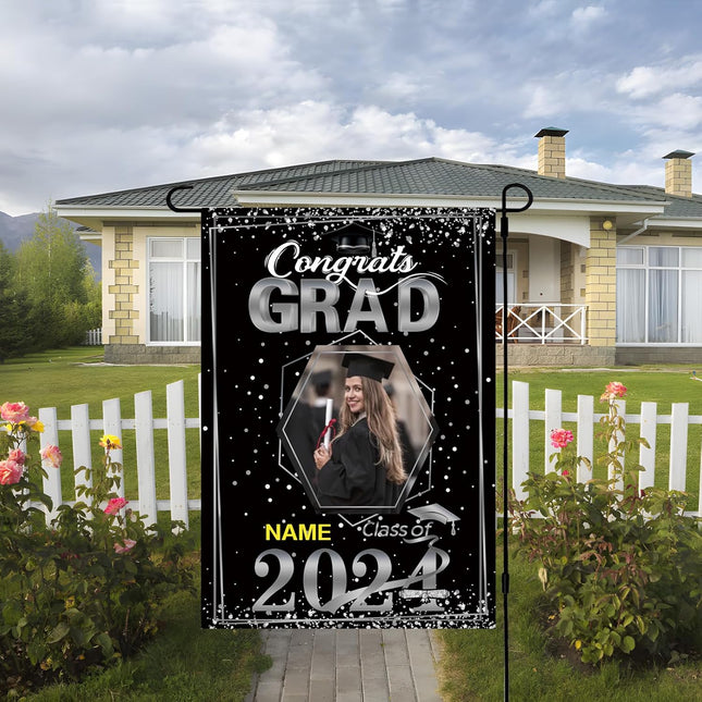 UUBAO Custom Graduation Garden Flag with Photo Class of 2025 Congrats Grad Double Sided Yard Flag Decorative Gifts (Black and Silver)