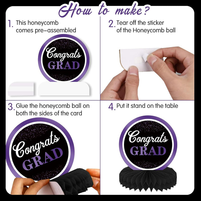 UUBAO 9 PCS Custom Graduation Party Honeycomb Centerpieces Class of 2025 Congrats Grad Decorations Congratulate Graduation Table Toppers for Graduation Party Favor Supplies (Purple)