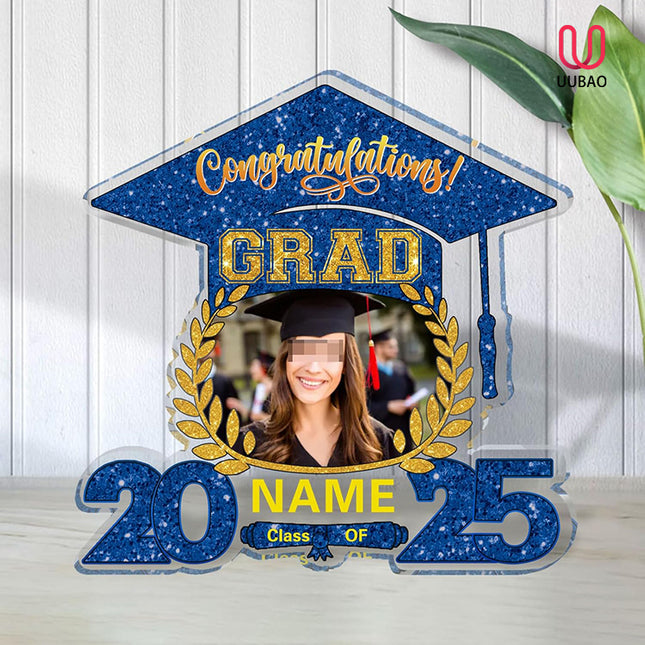 UUBAO Customized Graduation Plaque with Photo Crystal Desktop Keepsake Gift (Blue and Gold)