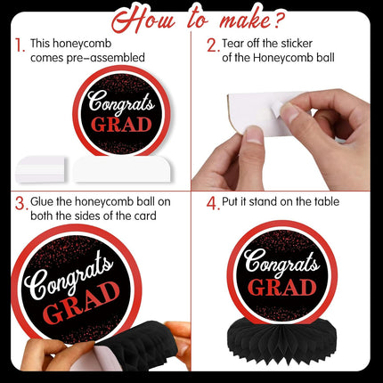 UUBAO 9 PCS Custom Graduation Party Honeycomb Centerpieces Class of 2025 Congrats Grad Decorations Congratulate Graduation Table Toppers for Graduation Party Favor Supplies (Red)