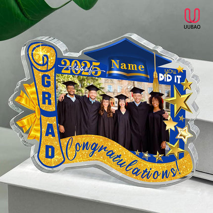 UUBAO Customized Graduation Plaque with Photo Crystal Desktop Keepsake Gift (Blue and Gold)