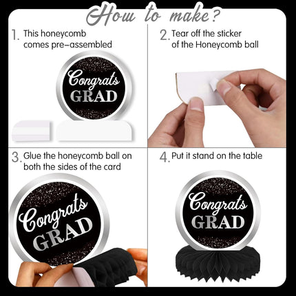 UUBAO 9 PCS Custom Graduation Party Honeycomb Centerpieces Class of 2025 Congrats Grad Decorations Congratulate Graduation Table Toppers for Graduation Party Favor Supplies (Black and Silver)