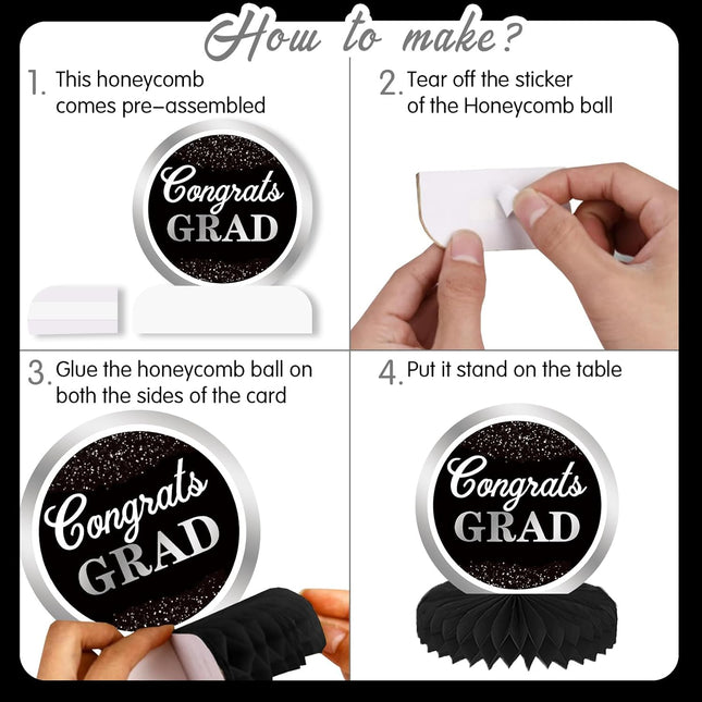 UUBAO 9 PCS Custom Graduation Party Honeycomb Centerpieces Class of 2025 Congrats Grad Decorations Congratulate Graduation Table Toppers for Graduation Party Favor Supplies (Black and Silver)