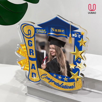 UUBAO Customized Graduation Plaque with Single Picture Custom Picture 2025 Congrats Grad Crystal Desktop Farewell Keepsake Gift (Blue and Gold)