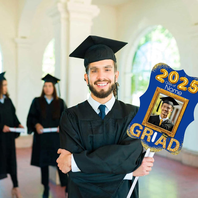 UUBAO Personalized Graduation Double Sided Face Fan Class of 2025 Customized Graduation Head Face Cutout with Handle Fun Photo Prop Supplies(Blue and Gold)