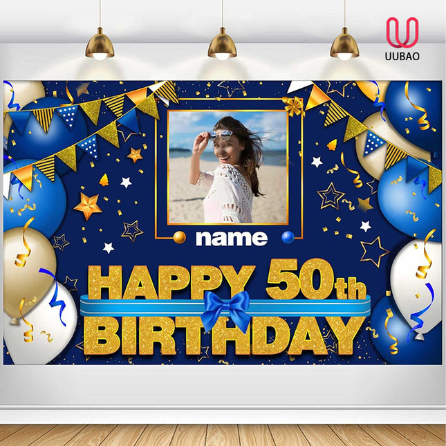 UUBAO Custom Happy Birthday Decorations Banner Backdrop for Women Men Boys Girls Personalization Navy Blue Birthday Party Supplies