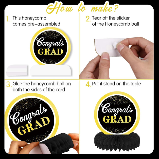 UUBAO 9 PCS Custom Graduation Party Honeycomb Centerpieces Class of 2025 Congrats Grad Decorations Congratulate Graduation Table Toppers for Graduation Party Favor Supplies (Yellow)
