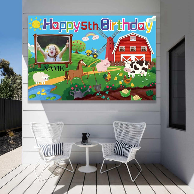 UUBAO Custom Farm Animal Happy Birthday Party Decorations Barn Cow Farmhouse Birthday Backdrop Banner