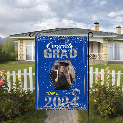 UUBAO Custom Graduation Garden Flag with Photo Class of 2025 Congrats Grad Double Sided Yard Flag Decorative Gifts (Blue and Silver)