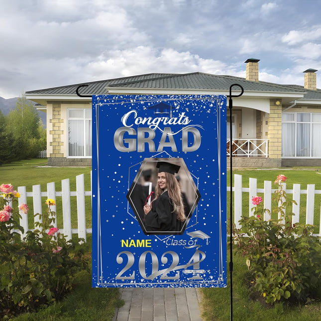UUBAO Custom Graduation Garden Flag with Photo Class of 2025 Congrats Grad Double Sided Yard Flag Decorative Gifts (Blue and Silver)