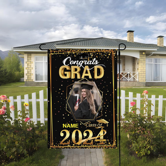 UUBAO Custom Graduation Garden Flag with Photo Class of 2025 Congrats Grad Double Sided Yard Flag Decorative Gifts (Black and Gold)