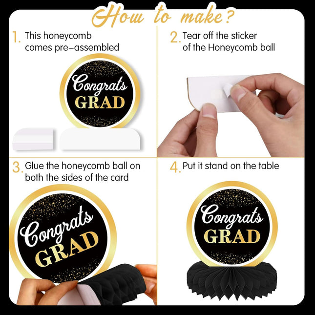 UUBAO 9 PCS Custom Graduation Party Honeycomb Centerpieces Class of 2025 Congrats Grad Decorations Congratulate Graduation Table Toppers for Graduation Party Favor Supplies (Black and Gold)