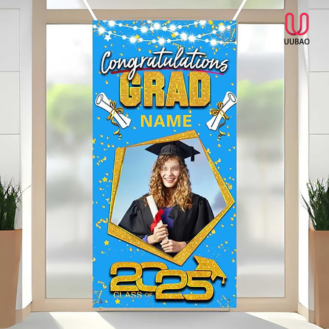 UUBAO Custom Graduation Party Decorations Personalization Banner Class of 2025 Backdrop Door Cover (Sky Blue and Gold)