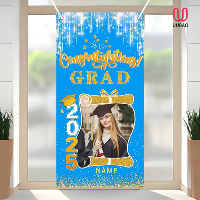 UUBAO Custom Graduation Party Decorations Personalization Banner Class of 2025 Backdrop Door Cover (Sky Blue and Gold)