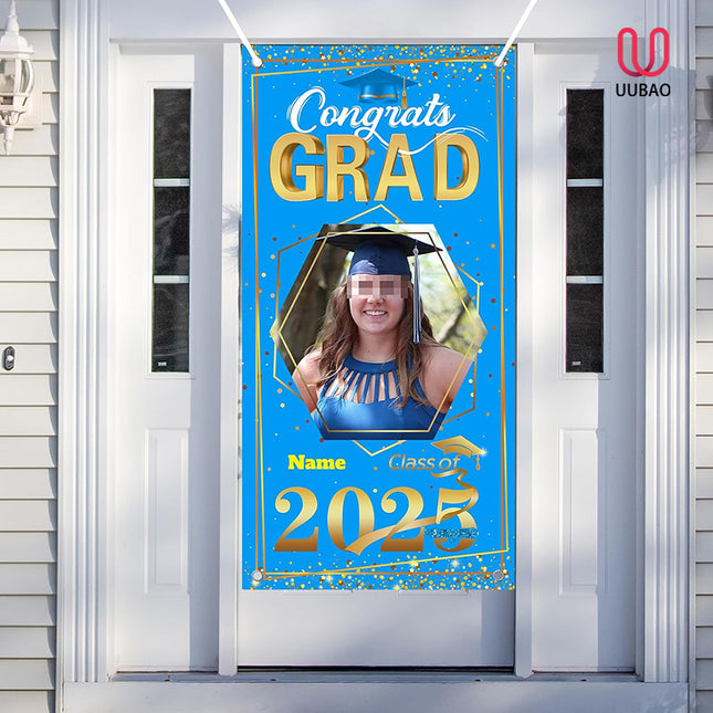 UUBAO Custom Graduation Party Decorations Personalization Banner Class of 2025 Backdrop Door Cover (Sky Blue and Gold)