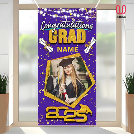 UUBAO Custom Graduation Party Decorations Personalization Banner Class of 2025 Backdrop Door Cover (Purple and Gold)
