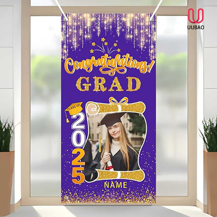 UUBAO Custom Graduation Party Decorations Personalization Banner Class of 2025 Backdrop Door Cover (Purple and Gold)