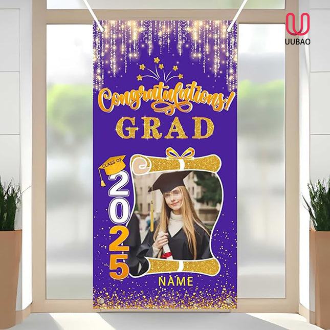UUBAO Custom Graduation Party Decorations Personalization Banner Class of 2025 Backdrop Door Cover (Purple and Gold)
