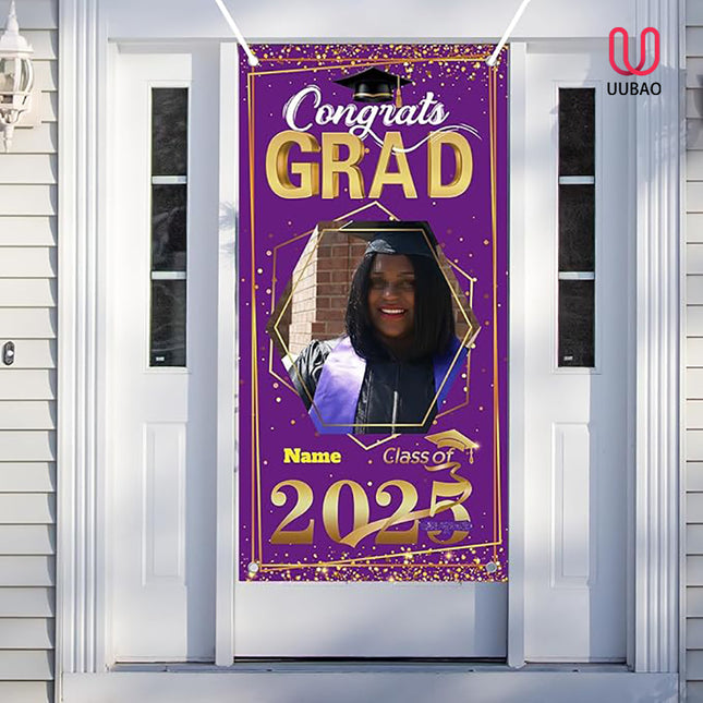UUBAO Custom Graduation Party Decorations Personalization Banner Class of 2025 Backdrop Door Cover (Purple and Gold)