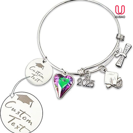 UUBAO Custom Graduation Bracelet 2025 Personalized Engraved Name High School College Graduation Gifts, Senior Graduate Crystal Heart Charm Bracelet Bangle