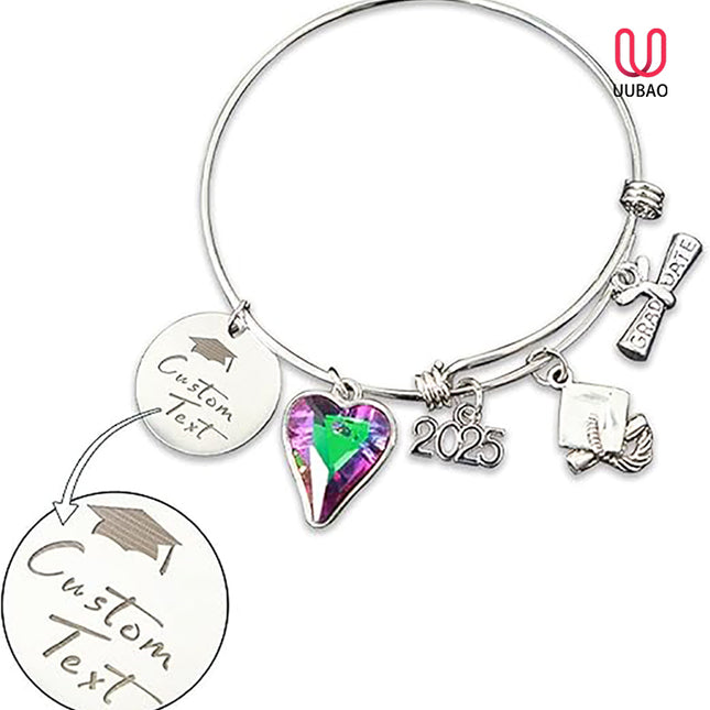 UUBAO Custom Graduation Bracelet 2025 Personalized Engraved Name High School College Graduation Gifts, Senior Graduate Crystal Heart Charm Bracelet Bangle