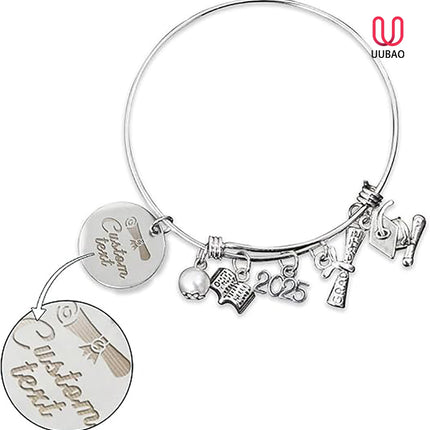 UUBAO Custom Graduation Bracelet 2025 Personalized Engraved Name High School College Graduation Gifts, Senior Graduate Crystal Heart Charm Bracelet Bangle