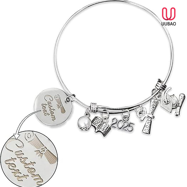 UUBAO Custom Graduation Bracelet 2025 Personalized Engraved Name High School College Graduation Gifts, Senior Graduate Crystal Heart Charm Bracelet Bangle