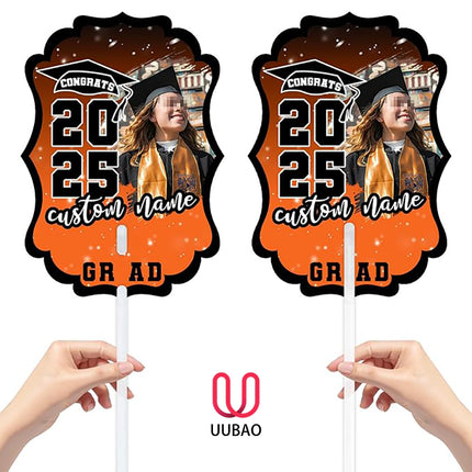 UUBAO Personalized Graduation Double Sided Face Fan Class of 2025 Customized Graduation Head Face Cutout with Handle Fun Photo Prop Supplies(Orange)