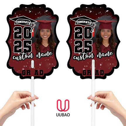 UUBAO Personalized Graduation Double Sided Face Fan Class of 2025 Customized Graduation Head Face Cutout with Handle Fun Photo Prop Supplies(Maroon)