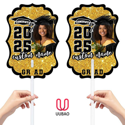 UUBAO Personalized Graduation Double Sided Face Fan Class of 2025 Customized Graduation Head Face Cutout with Handle Fun Photo Prop Supplies(Black and Gold)