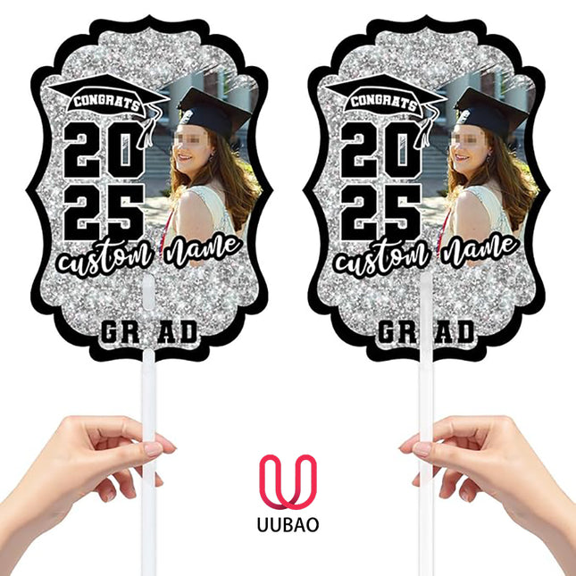 UUBAO Personalized Graduation Double Sided Face Fan Class of 2025 Customized Graduation Head Face Cutout with Handle Fun Photo Prop Supplies(Black and Silver)