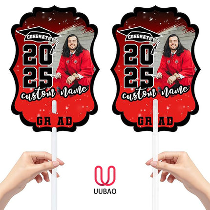 UUBAO Personalized Graduation Double Sided Face Fan Class of 2025 Customized Graduation Head Face Cutout with Handle Fun Photo Prop Supplies(Red)