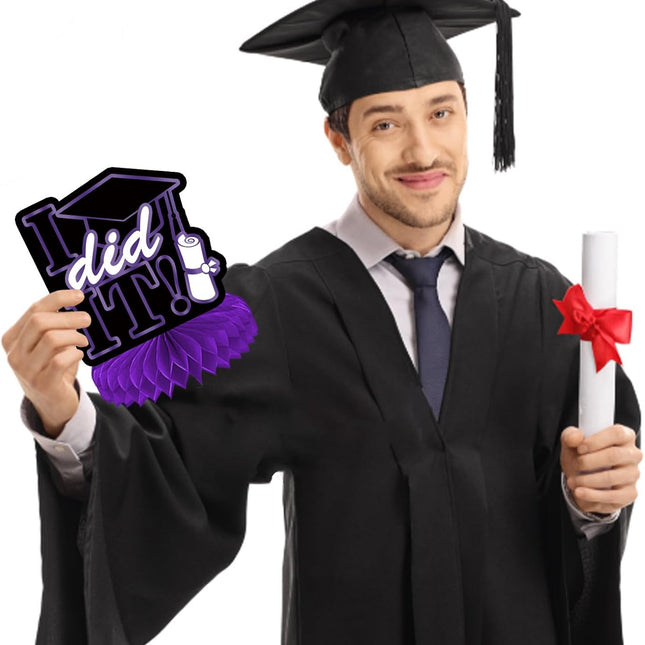 UUBAO 9 PCS Custom Graduation Party Honeycomb Centerpieces Class of 2025 Congrats Grad Decorations Congratulate Graduation Table Toppers for Graduation Party Favor Supplies (Purple)