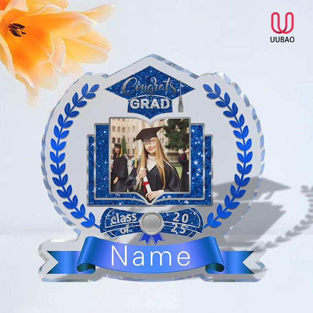 UUBAO Customized Graduation Plaque with Single Picture Custom Picture 2025 Congrats Grad Crystal Desktop Farewell Keepsake Gift (Blue and Silver)