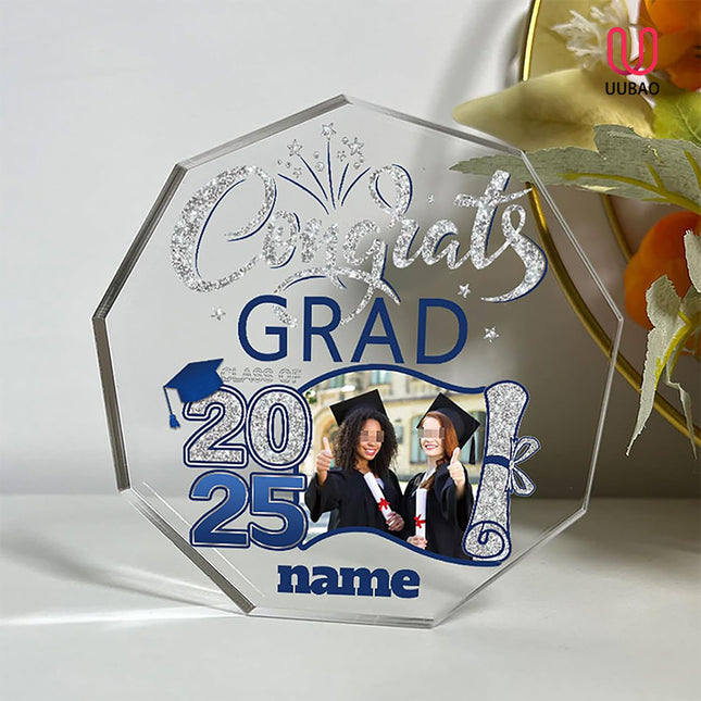 UUBAO Personalized Graduation Gift Class of 2025 Desk Paperweight Farewell Memorial Decorative Signs Plaques with Photo (Blue and Silver)