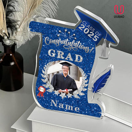 UUBAO Personalized Graduation Gift Class of 2025 Desk Paperweight Farewell Memorial Decorative Signs Plaques with Photo (Blue and Silver)