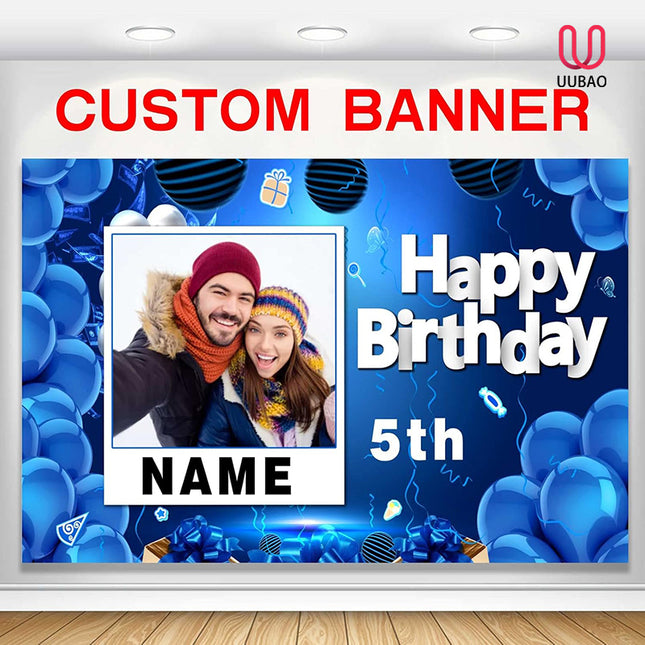 UUBAO Custom Happy Birthday Decorations Banner Backdrop for Women Men Boys Girls Personalization Navy Blue Birthday Party Supplies