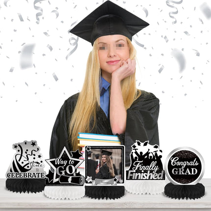 UUBAO 9 PCS Custom Graduation Party Honeycomb Centerpieces Class of 2025 Congrats Grad Decorations Congratulate Graduation Table Toppers for Graduation Party Favor Supplies (Black and Silver)