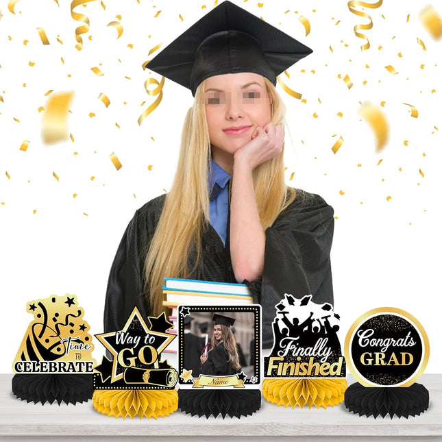 UUBAO 9 PCS Custom Graduation Party Honeycomb Centerpieces Class of 2025 Congrats Grad Decorations Congratulate Graduation Table Toppers for Graduation Party Favor Supplies (Black and Gold)